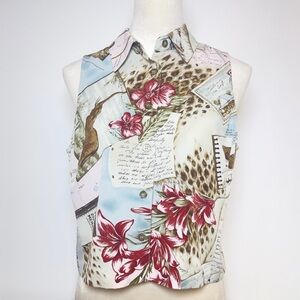 Vintage 90s Sharon Young Safari Print Button Front Blouse Size 8 Made in USA